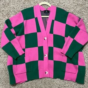 Dressed in Lala Love You Oversize Checkerboard Cardigan Sz L/XL Pink & Green
